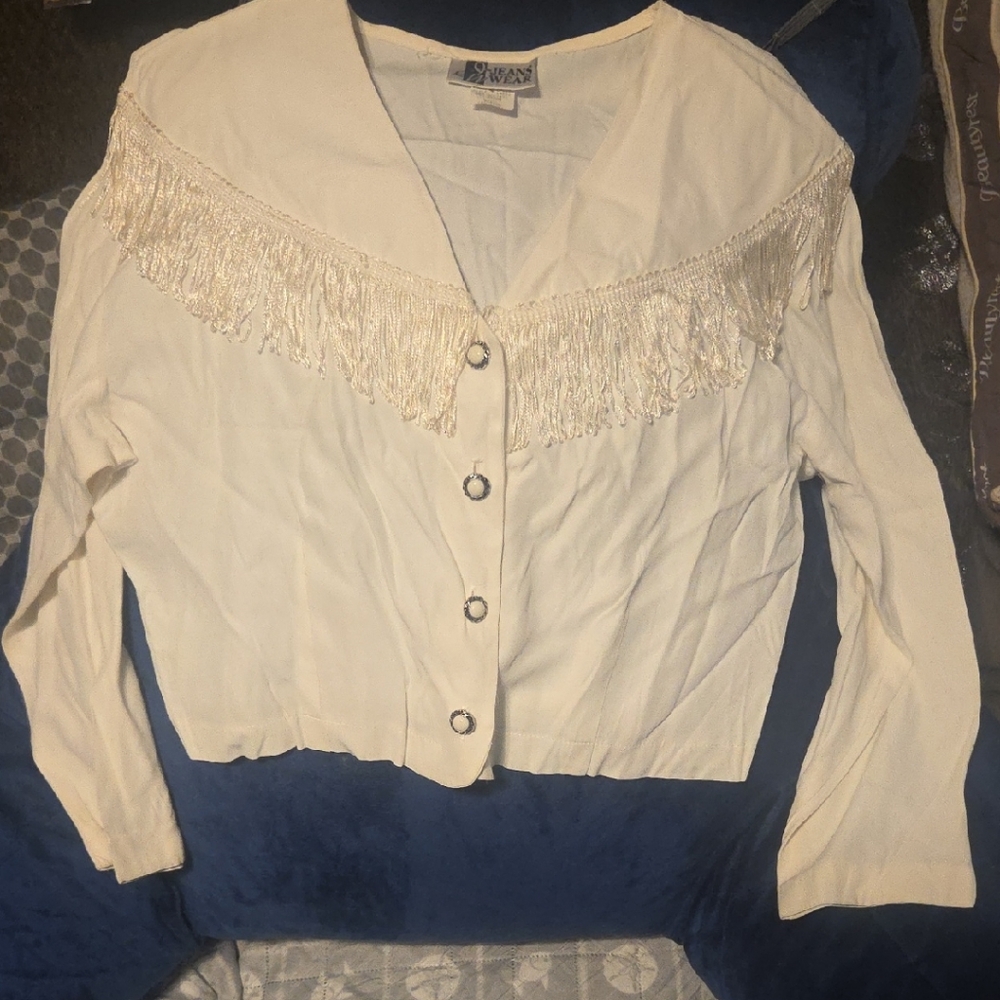 JEANS WEAR brand Cream Fringe-Trim Button-Front Women's Blouse Med